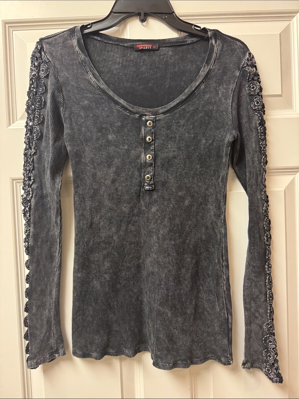 T Party Ribbed Long Sleeved Waffle Knit Henley with Lace-Trim Sleeves - Size S